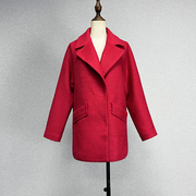 品牌折扣本命年大红色西装领羊毛呢大衣宽松百搭单排扣插肩袖外套
