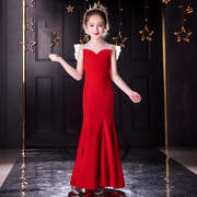 儿童礼服2022红色无袖，长款小主持人演出服，模特走秀公主裙欧美
