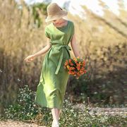 夏装连衣裙棉麻女夏绿色高端复古女装中年气质收腰民族风裙子