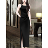 高级感黑色雪纺吊带，连衣裙气质礼服2024夏季女装高端赫本长裙