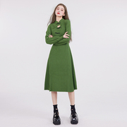 复古改良旗袍裙原创设计秋冬绿色小众设计感针织连衣裙