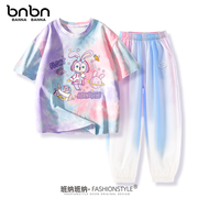女童紫色扎染短袖套装，2023夏季童装衣服个性，兔子儿童彩虹夏装