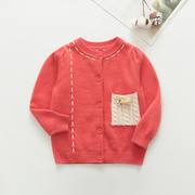 100%纯羊绒秋冬女童毛衣，开衫儿童羊绒衫，圆领宝宝羊毛衫桃红色口袋