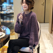 紫色圆领宽松灯笼袖高级感时尚套头毛衣女针织衫2023秋装欧货
