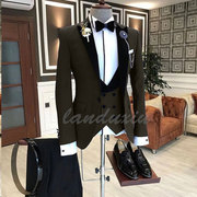 男士结婚礼服黑色男式西装，外套修身夹克，+背心+裤子三件套服装