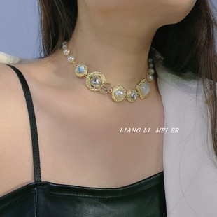 复古小香风珍珠镶钻短款项链，潮金属几何拼接时髦choker颈链毛衣链