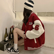 酒红色棒球服少女春秋，2024初中高中学生美式复古休闲薄款外套