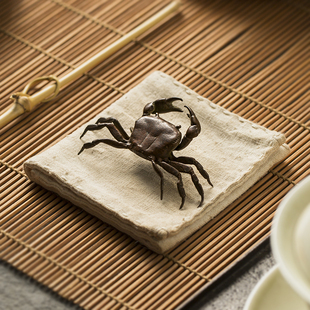 仿古手工黄铜螃蟹茶宠创意铜器茶道茶玩茶台摆件，盖置盖托茶道配件