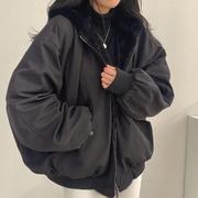 韩国加绒加厚两面穿羊羔毛棉服(毛，棉服)女装外套冬季宽松连帽棉衣上衣