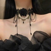 黑色蕾丝脖子配饰装饰项链女项圈流苏，吊坠玫瑰花颈带choker暗黑系