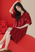 睡裙女士夏季纯棉短袖开衫V领连衣家居服红色时尚短裙小性感睡衣