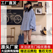 法式复古polo领长袖衬衫女春秋季设计感小众宽松慵懒风中长款上衣