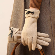 羊毛手套女冬季纯色加绒加厚保暖防寒骑行开车五指可触屏手套