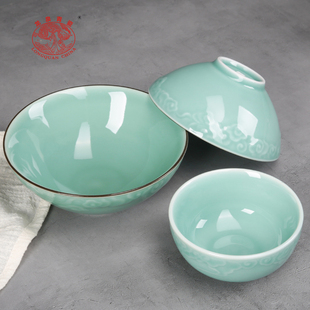 龙泉青瓷家用米饭碗陶，瓷碗单个吃饭碗中式祥云，早餐具大小面汤碗