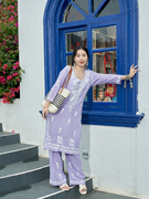 印度进口民族风坠感绵绸刺绣2件套中长款日常休闲 瑜伽服薄款紫色