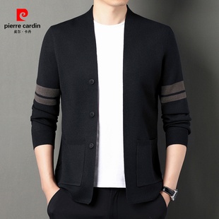 皮尔卡丹秋季针织毛衣男士青年韩版两条杠中年男式装开衫外套