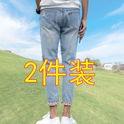 9分牛仔裤男青少年男裤破洞学生潮流九分裤子设计感小众8分裤复古