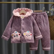 冬季夹棉加厚法兰绒儿童睡衣宝宝保暖小孩男女童珊瑚绒家居服套装