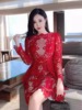2024性感修身大红色，蕾丝长袖小礼服，裙子连衣裙越南设计师