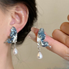 蓝水晶蝴蝶珍珠耳钉耳饰，女轻奢高级感气质，耳环小众设计感流苏耳坠