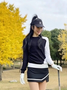 韩版高尔夫女春秋运动针织黑白拼色长袖T恤外套上衣A字包臀裙裤特