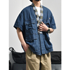 国潮小众设计感道袍男新中式，薄款牛仔衬衫夏季短袖外套深蓝色衬衣
