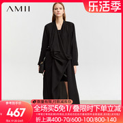 amii2024春休闲荡领不规则，门襟长款外套女雪纺，长袖黑色上衣