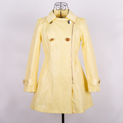 秋季布同女士小码修身收腰显瘦双排扣黄色长袖拉链中长款外套风衣
