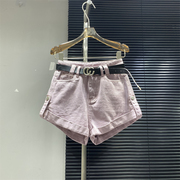 韩版女装2024春夏装高腰，粉色卷边牛仔短裤，宽松显瘦a字型热裤