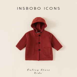 INSbobo女童大衣外套红色毛呢儿童冬季加厚保暖童装女宝绗棉衣服