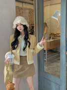 黄色小香风毛呢短款夹棉外套，女韩系条纹，休闲长袖衬衫高腰短裙套装