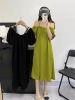 2024甜美韩版法式吊带，一字肩绿色连衣裙，女宽松露肩长裙