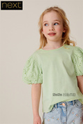英国next女童大童亲子，淡绿色刺绣短袖，t恤泡泡袖纯棉d34-523