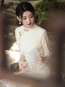 改良旗袍白色蕾丝少女长袖2024高端高级感日常秋季订婚连衣裙