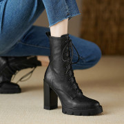 欧美风干练短筒靴时尚系带，女靴子2023秋冬季款，11cm高跟粗跟骑士靴
