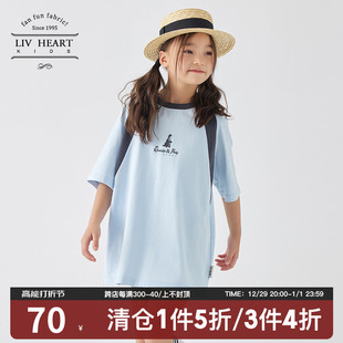 日本LIVHEART儿童拼色T恤连衣裙女中长款插肩短袖T恤女童夏
