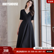 罗衣高级v领黑色连衣裙，女2024春夏气质，五分袖收腰大摆裙10103