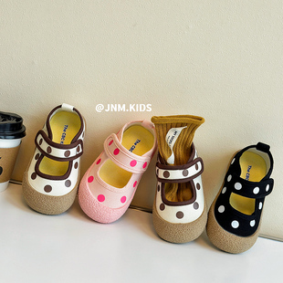 韩版儿童波点帆布鞋春夏，男女童浅口瓢鞋宝宝，布鞋软底幼儿园室内鞋