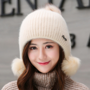 帽子女冬天毛线帽韩版超大头围，毛球骑车加绒加厚保暖针织兔毛混纺