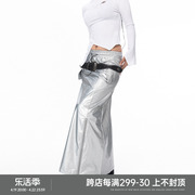 BLACKBB/小众设计感金属银反光工装半身裙秋季街头潮流复古风长裙