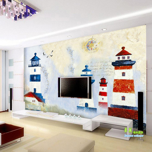 大型灯塔壁画地中海主题壁纸，客厅电视壁纸卧室沙发全屋墙布3d