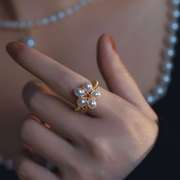 绕线花朵珍珠开口戒指复古简约气质个性设计感食指环女尾戒子