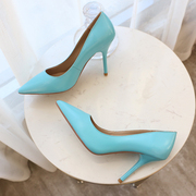 欧美糖果色蓝绿色羊皮高跟鞋基本款，尖头细跟真皮单鞋浅口鞋时尚鞋
