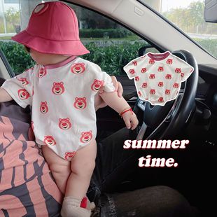 夏季潮款婴儿童衣服，短袖超萌印花小熊，男女宝宝三角包屁衣纯棉哈衣