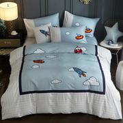 高档儿童床单四件套男孩纯棉卡通被套1.2米1.5床笠式全棉三件套蓝
