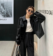 黑色短款pu小皮衣，外套女2023年春秋，韩版时尚复古咖色夹克上衣