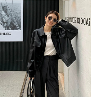 黑色短款pu小皮衣，外套女2024年春秋，韩版时尚复古咖色夹克上衣