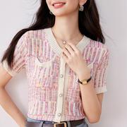 好质量原版夏季针织衫薄款女小香风短袖粉色开衫t恤上衣