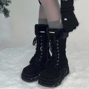 韩国雪地靴女皮毛一体2023冬季厚底加绒加厚棉鞋系带中筒高筒靴子