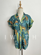外贸女装绿色夏威夷衬衫宽松森林，系短袖古巴领花衬衫